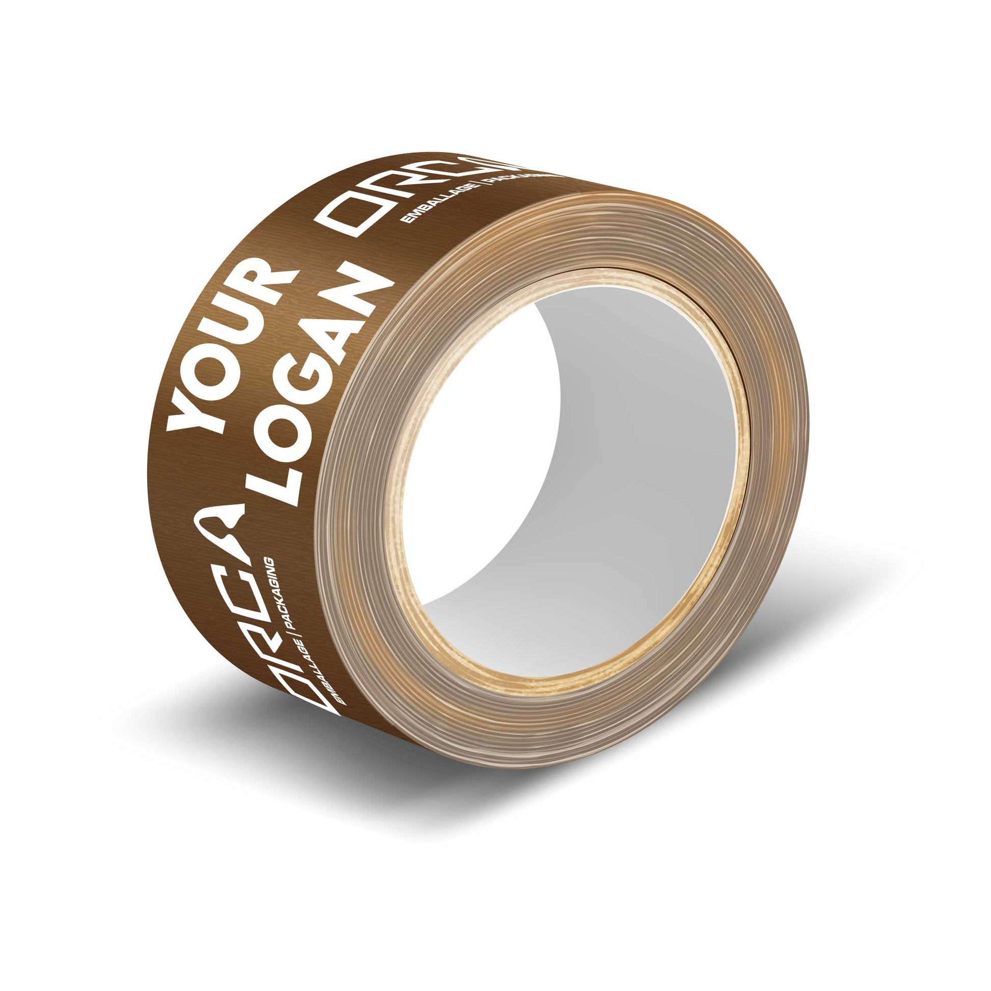Ruban adhésif de couleur marron foncé personnalisé avec logo blanc Orca, fabriqué au Québec pour emballage professionnel