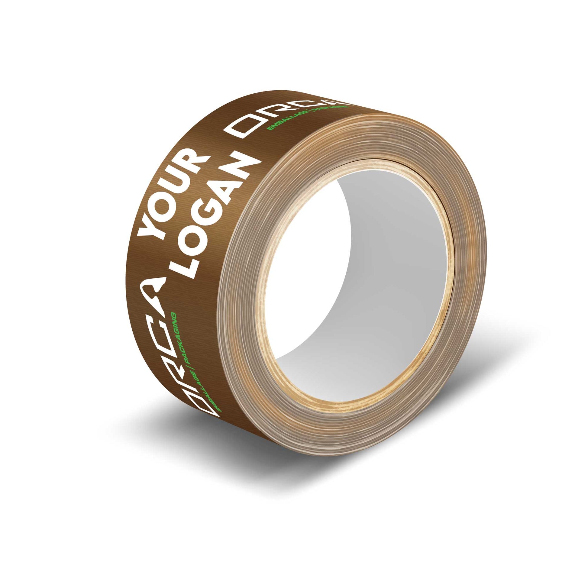 Ruban adhésif de couleur marron personnalisé avec logo blanc et texte vert Orca, fabriqué au Québec pour emballage professionnel