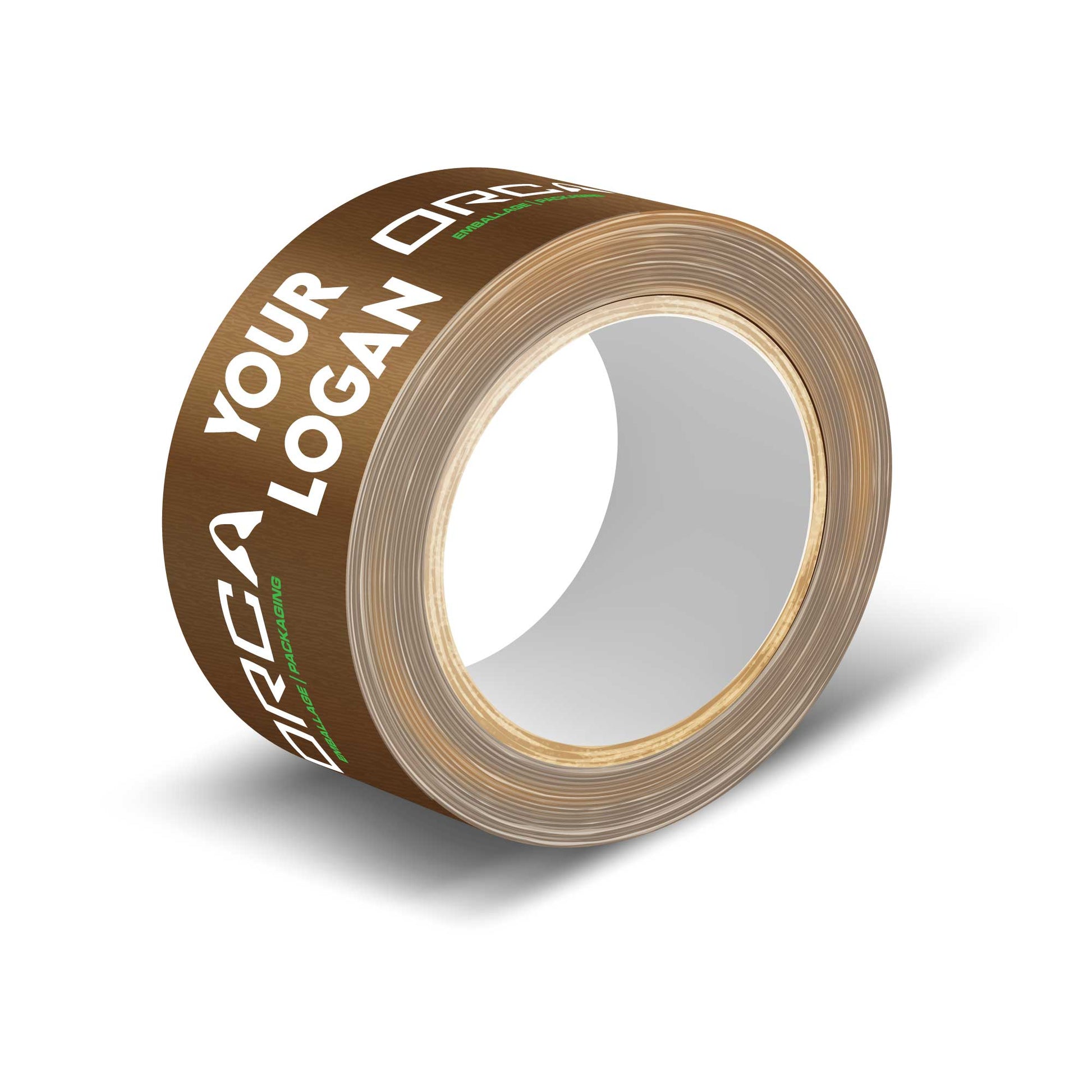 Ruban adhésif de couleur marron personnalisé avec logo blanc et texte vert Orca, fabriqué au Québec pour emballage professionnel