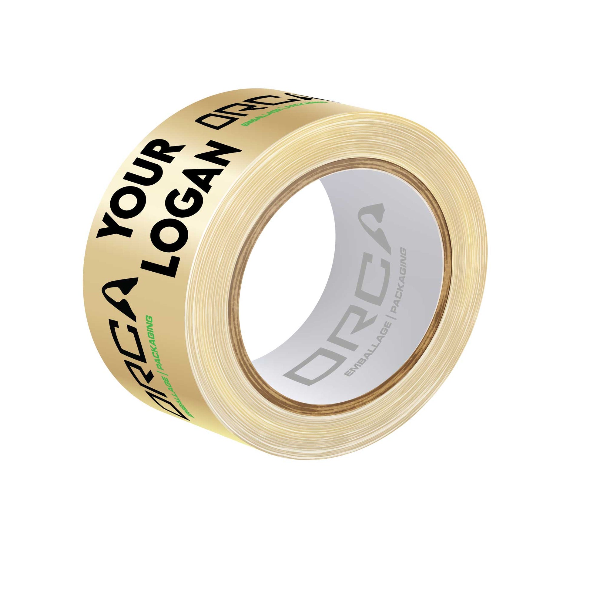 Ruban adhésif transparent personnalisé avec logo Orca noir et vert, fabriqué au Québec pour emballage professionnel