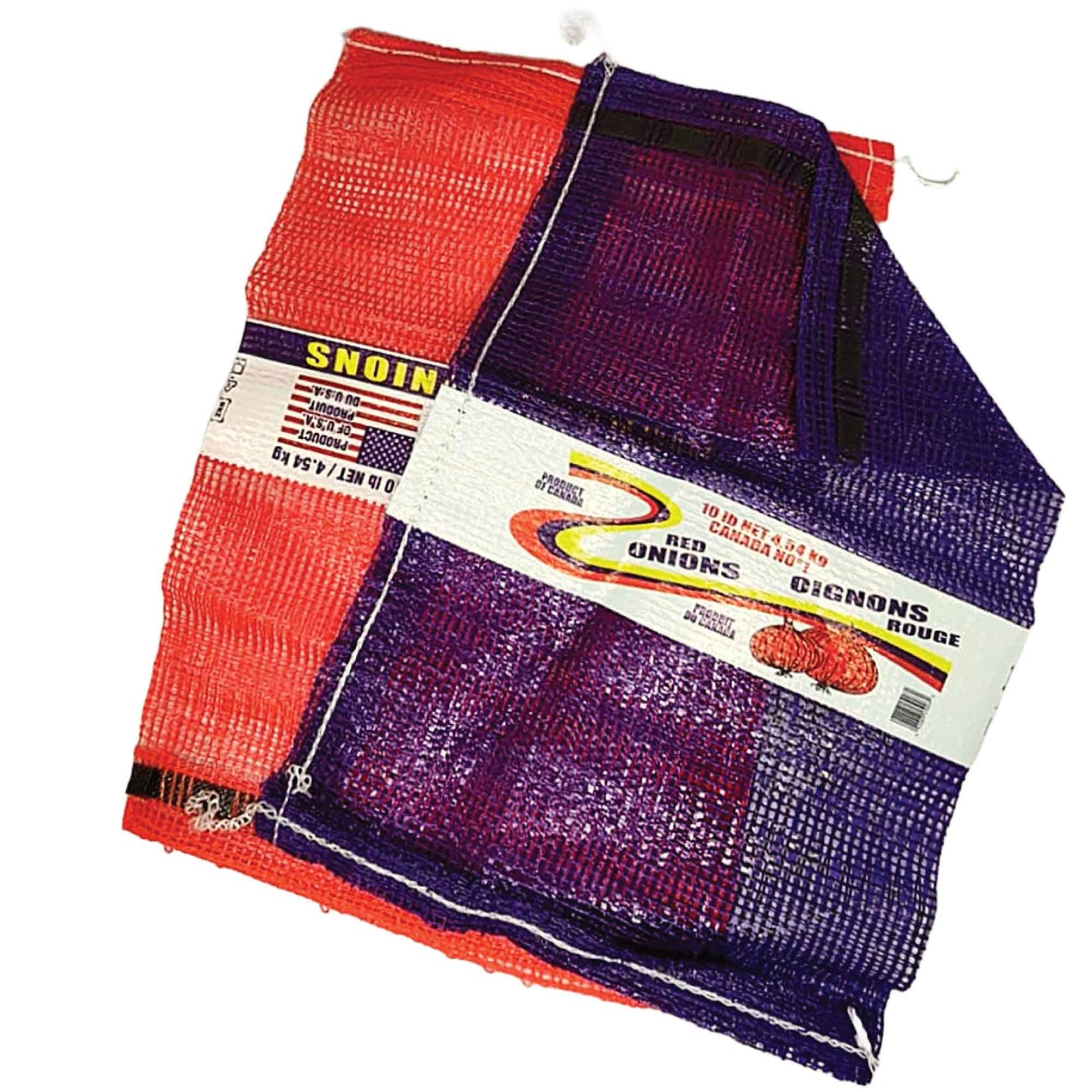 Sac de filet mauve et rouge avec maïs et oignons pour emballage de légumes, Orca Québec