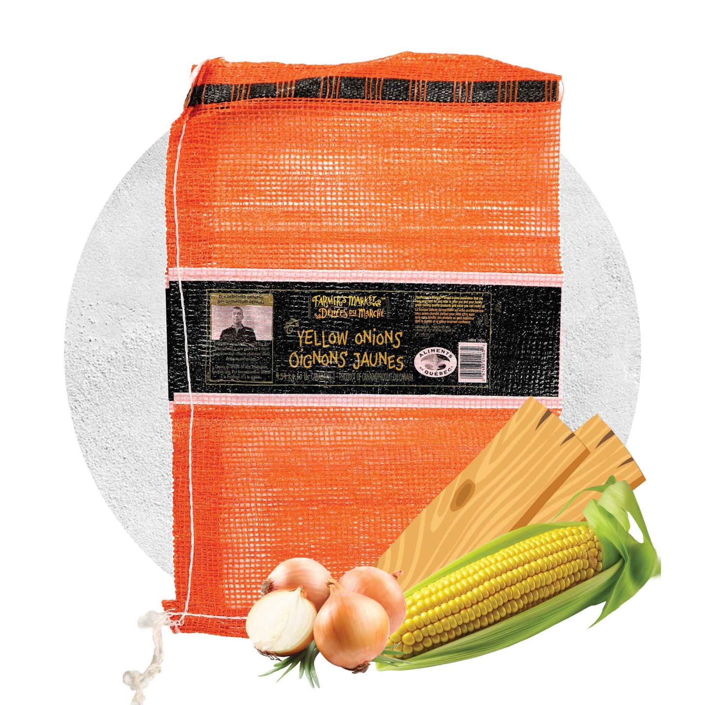 Sac de filet orange avec maïs et oignons, utilisé pour l'emballage de fruits et légumes, Orca Québec