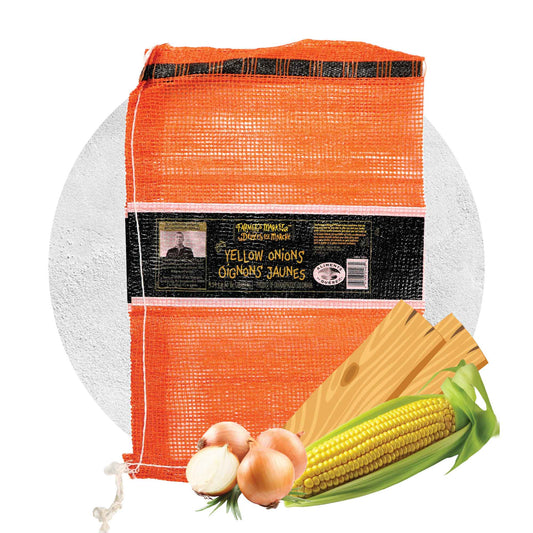 Sac de filet orange avec maïs et oignons, utilisé pour l'emballage de fruits et légumes, Orca Québec